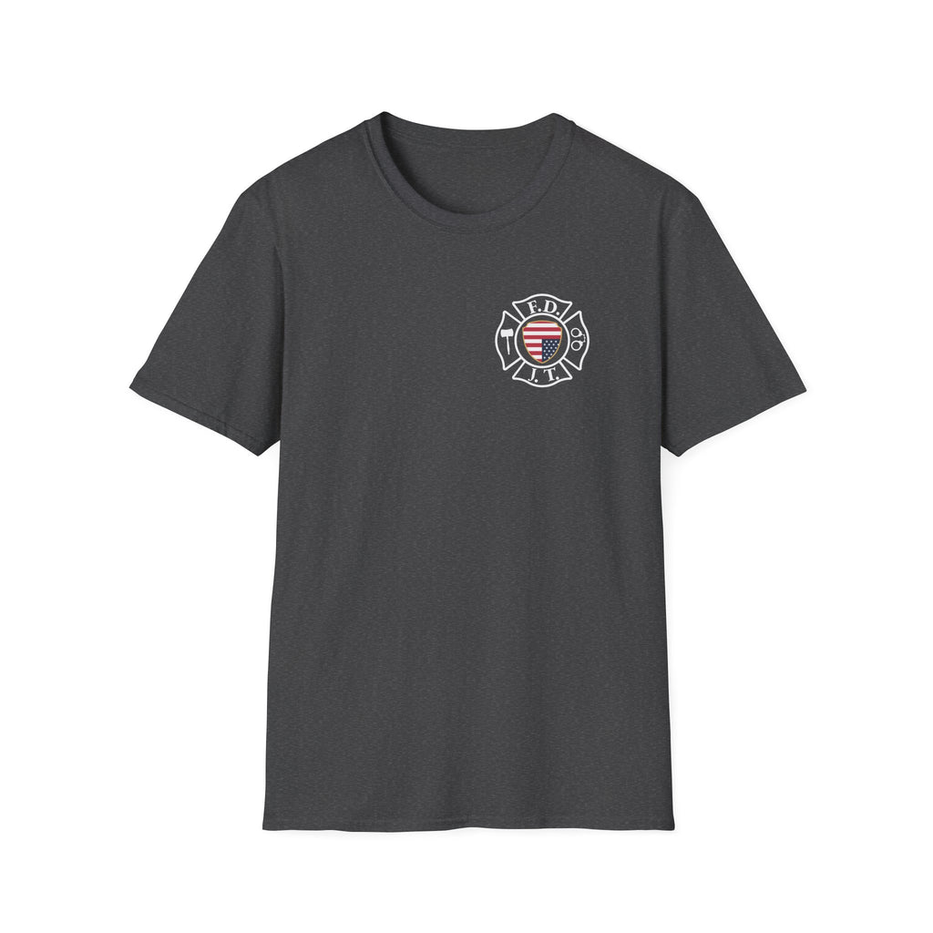 FDJT Justice Crest T-Shirt – Firefighter Parody Emblem for Accountability